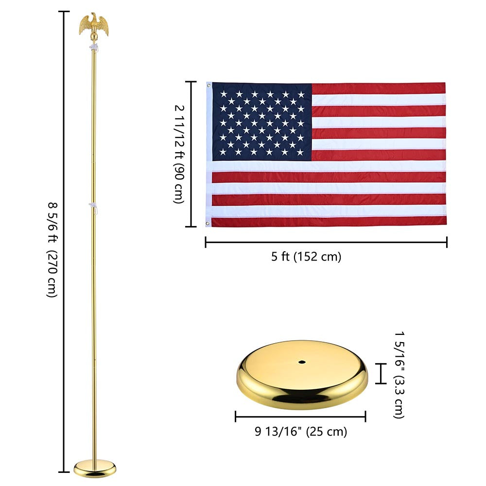 Yescom 8' Indoor Flagpole with Stand US Flag, Gold Pole+Eagle Image