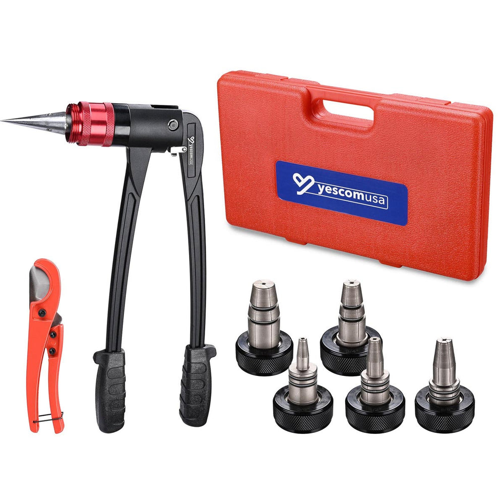 Yescom Auto Rotate PEX-A Expansion Tool with Tubing Cutter & Head, 5-Head Set Image