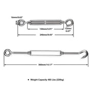 Yescom M10 6" Hook & Eye Turnbuckle Stainless Steel for 3/16" Cable Image