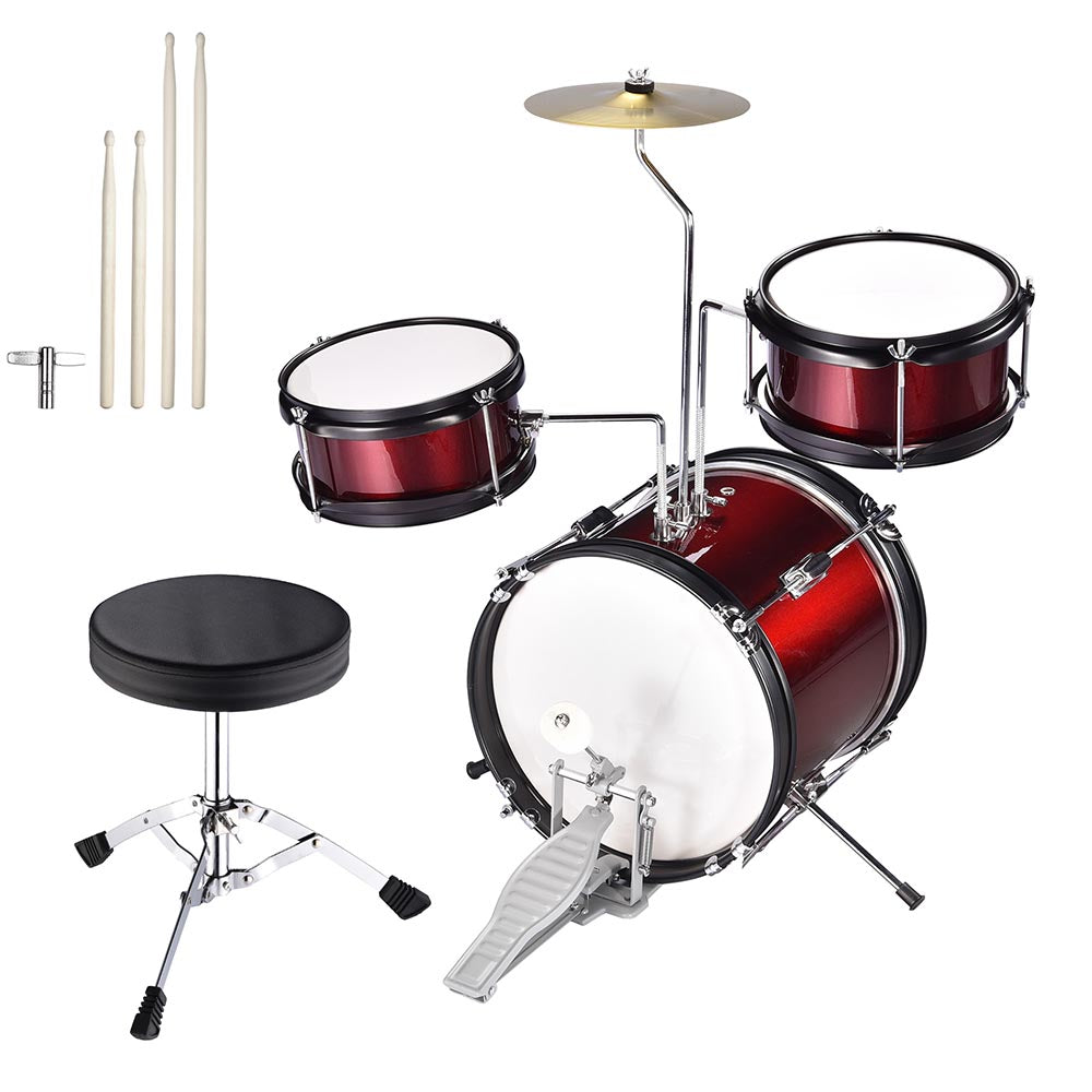 Yescom Junior Kids Drum Set w/ Cymbal Drum Throne 3pcs 12inch, Red Image