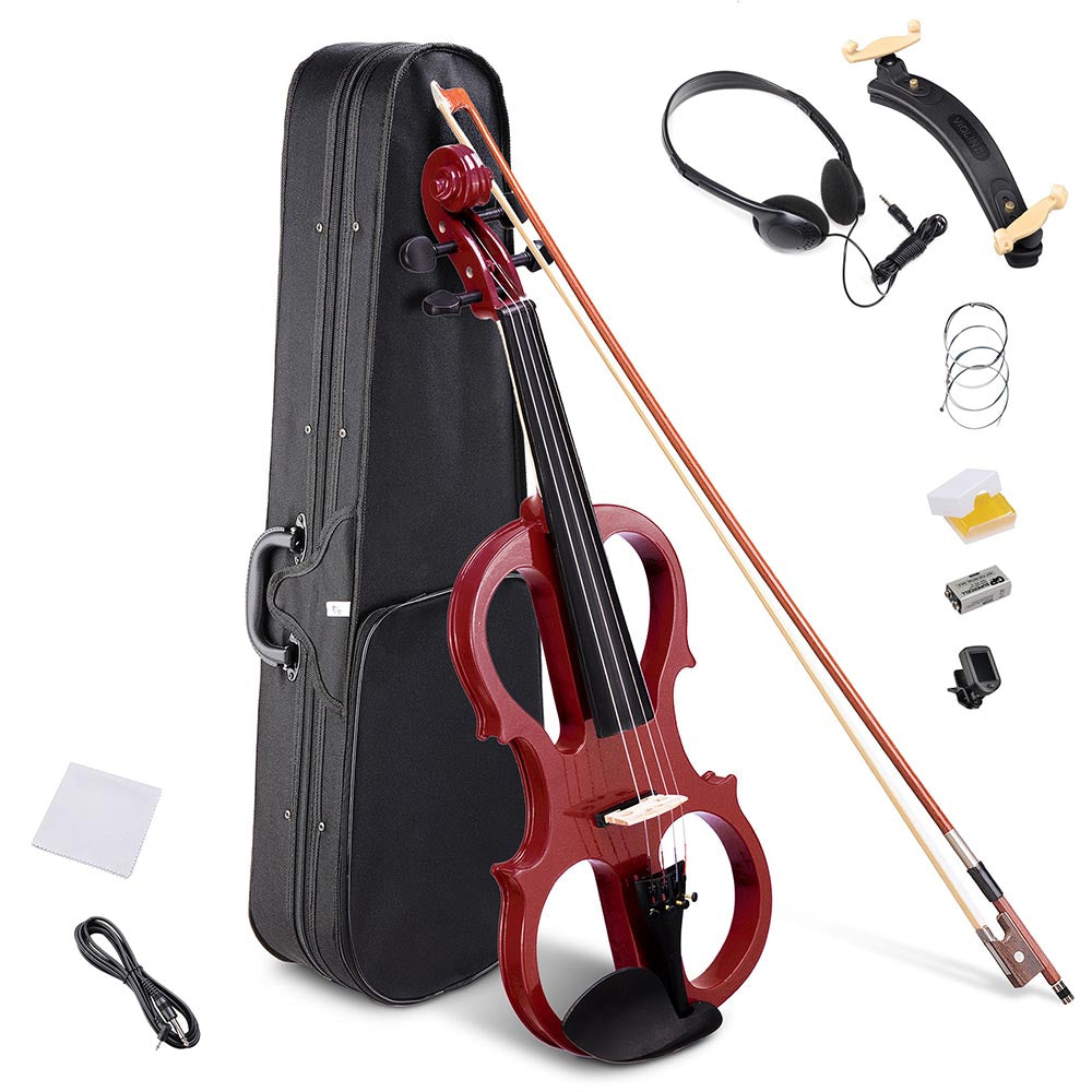 Yescom 4/4 Full Size Electric Violin Bow Headphone Case Set, Jujube Red Image