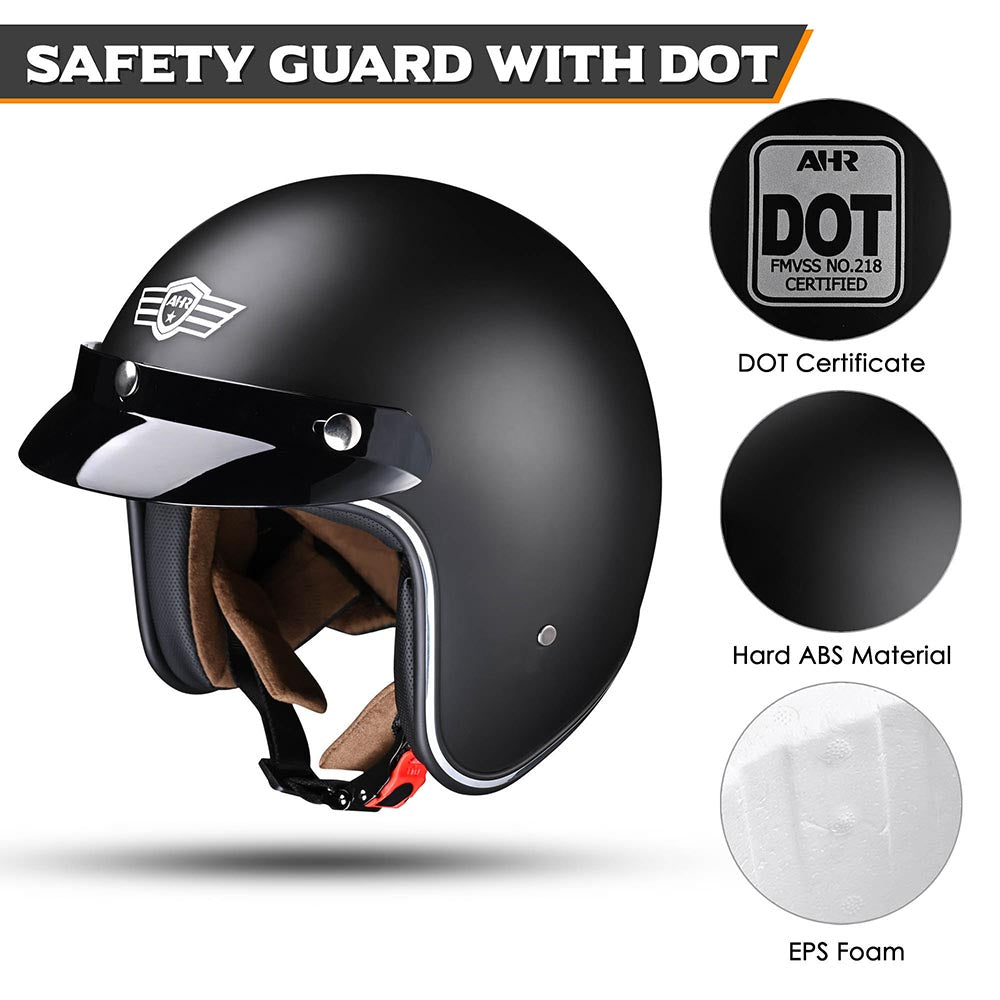 AHR Retro DOT 3/4 Open Face Motorcycle Helmet Visor Matte Black AHR Retro DOT 3/4 Open Face Motorcycle Helmet Visor Matte Black