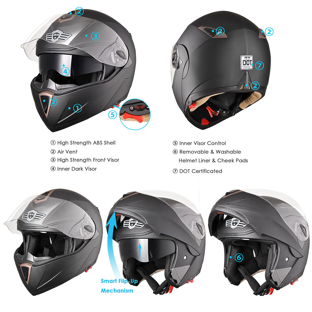 Yescom DOT Flip Up Motorcycle Helmet Full Face Dual Visors Matte Black Image