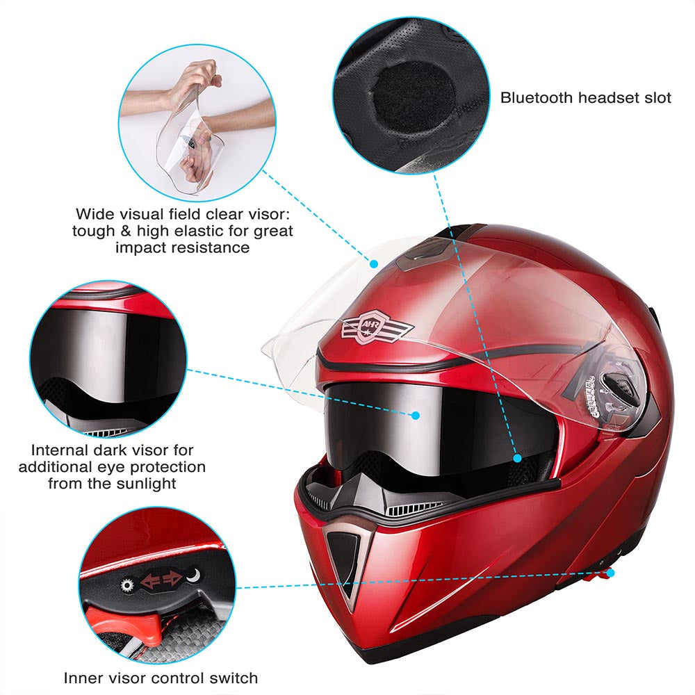 AHR Modular Helmet Flip Up Full Face Dual Visors DOT Red