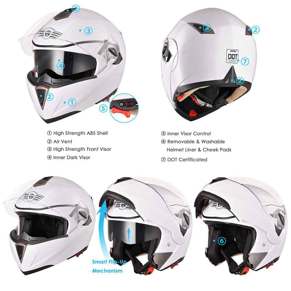 AHR Modular Helmet Flip Up Full Face Dual Visors DOT White