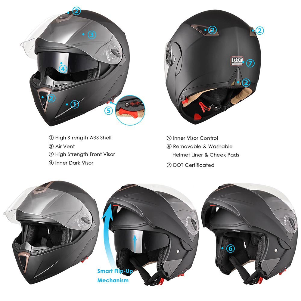 AHR DOT Flip Up Motorcycle Helmet Full Face Dual Visors Matte Black