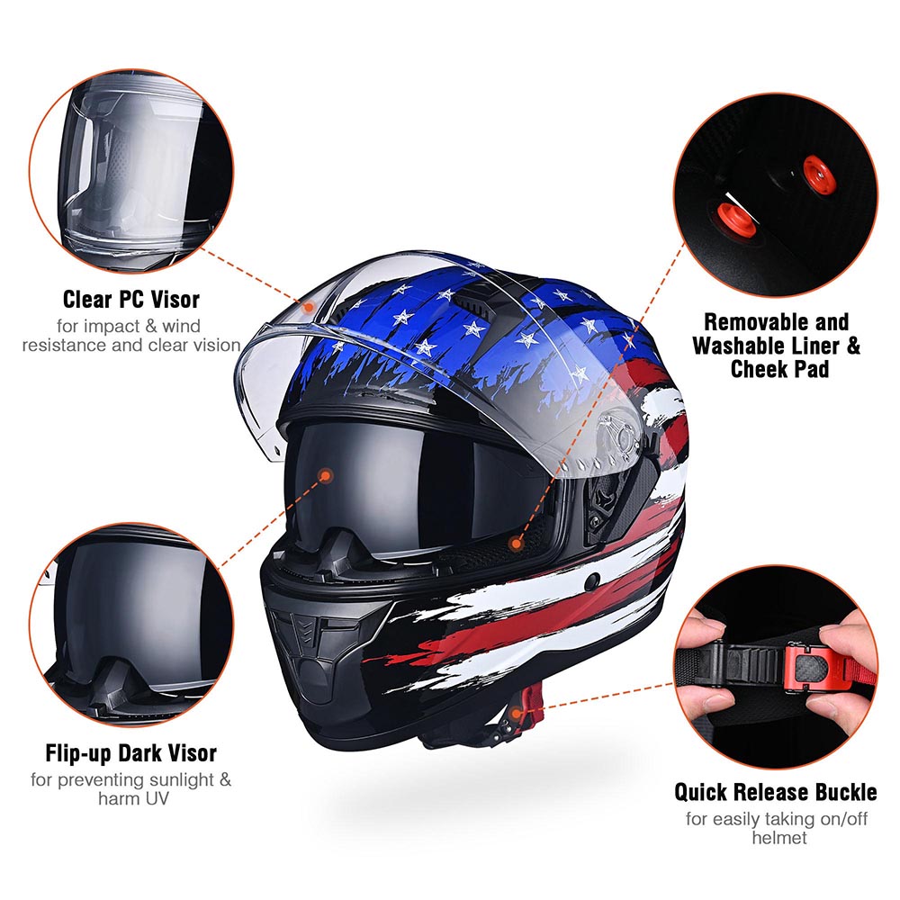 Yescom RUN-F DOT Full Face Helmet Dual Visor Flag Image