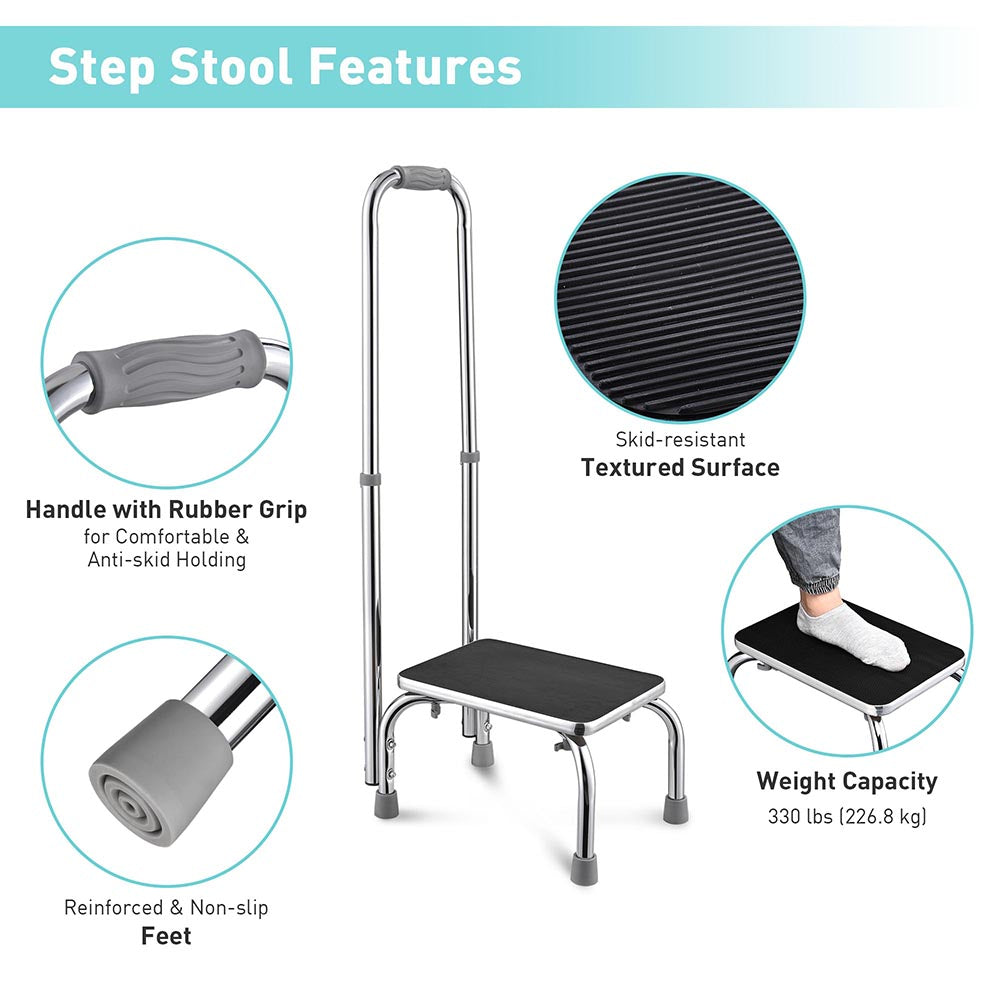 Yescom Medical Single Step Stool Footstool Chrome Steel w/ Handrail Image
