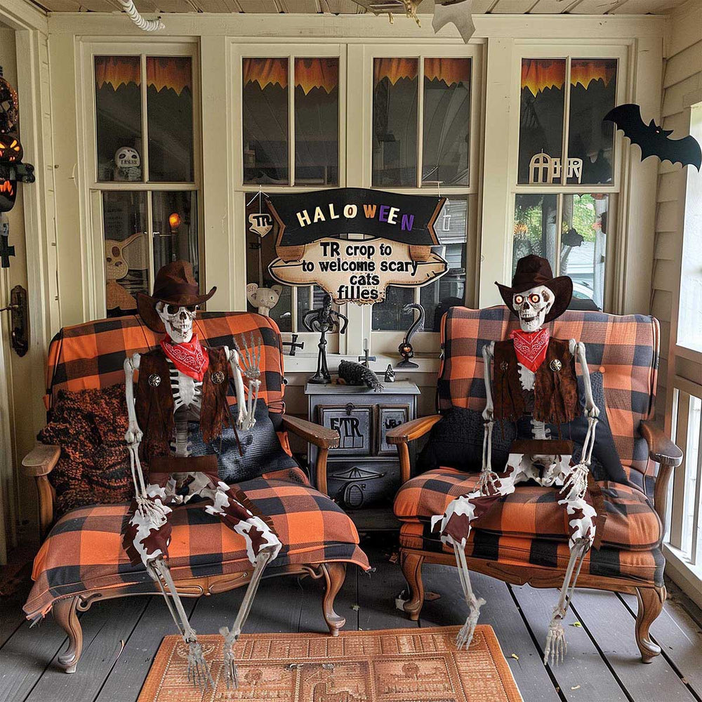 Yescom 5.4ft Skeleton Posable Halloween Decoration with Pirate, Cowboy Costume Image