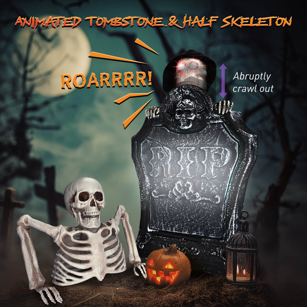 Yescom Tombstone with Groundbreaker Skeleton Halloween Animatronic Image
