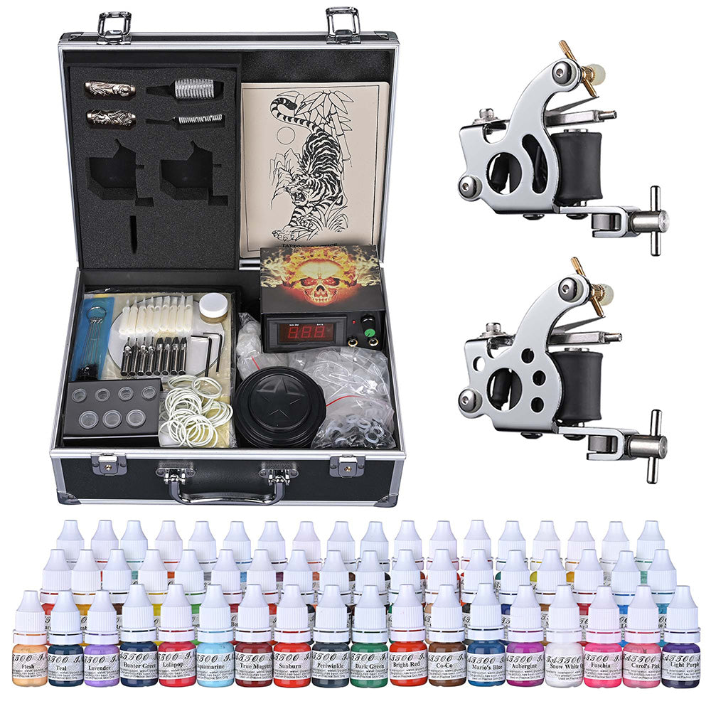 Yescom 2 Tattoo Machine Kit w/ LCD Power Supply 54 Color Inks & Case Image