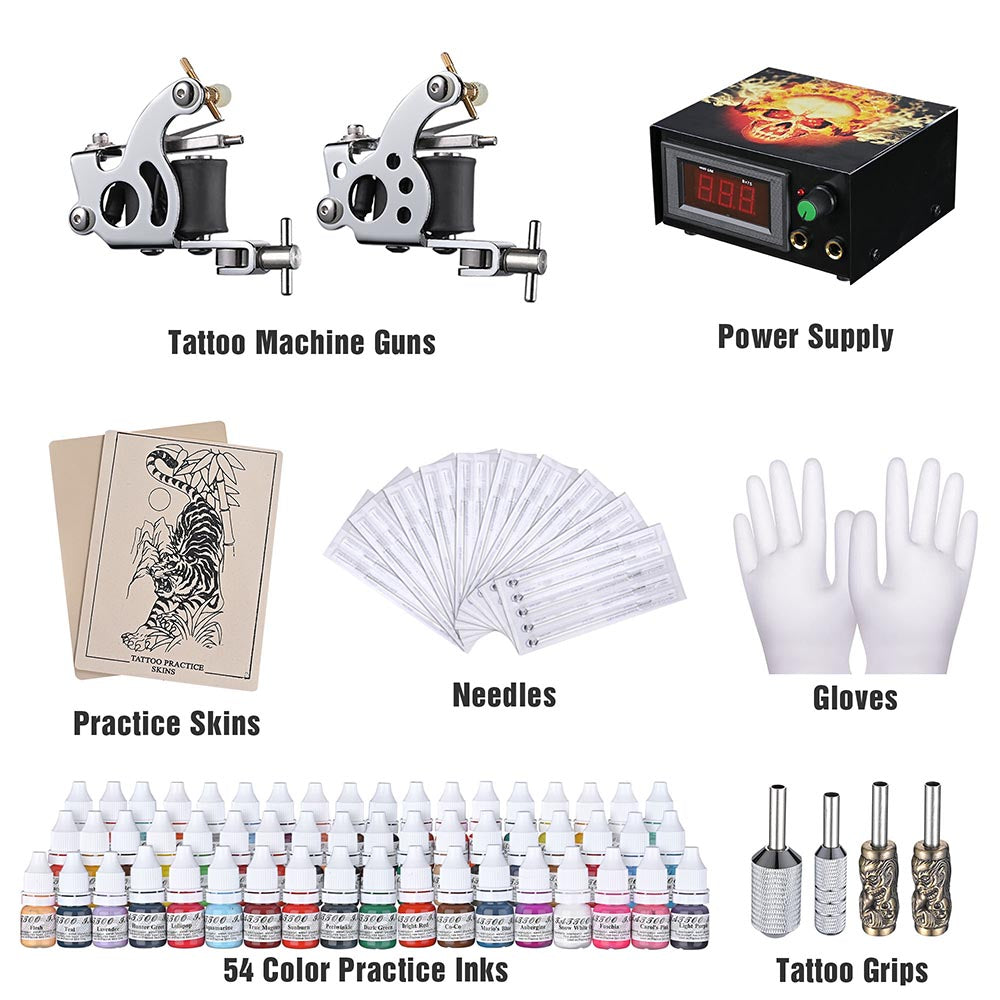 Yescom 2 Tattoo Machine Kit w/ LCD Power Supply 54 Color Inks