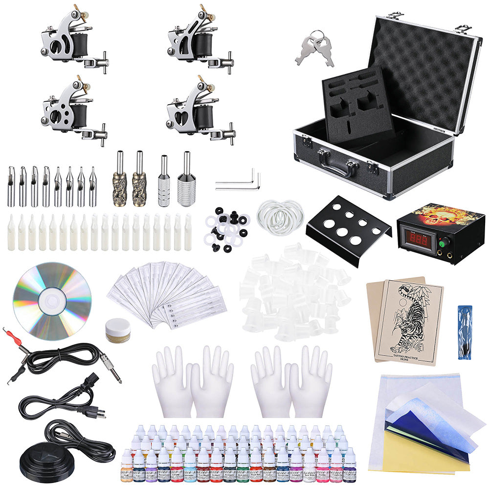 Yescom 4 Tattoo Machine Kit w/ LCD Power Supply 54 Color Inks & Case Image