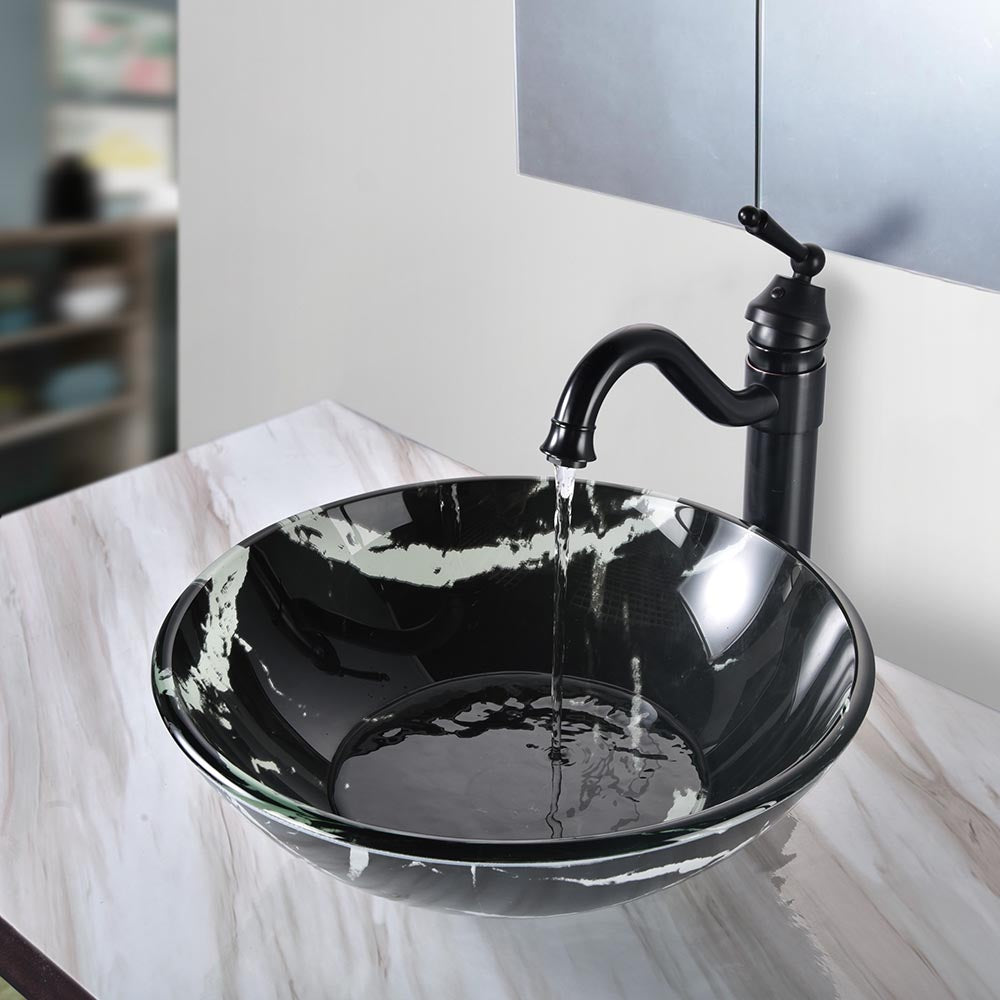 Yescom Round Glass Vessel Sink Bathroom Bowl Lavatory Basin Marbling Image