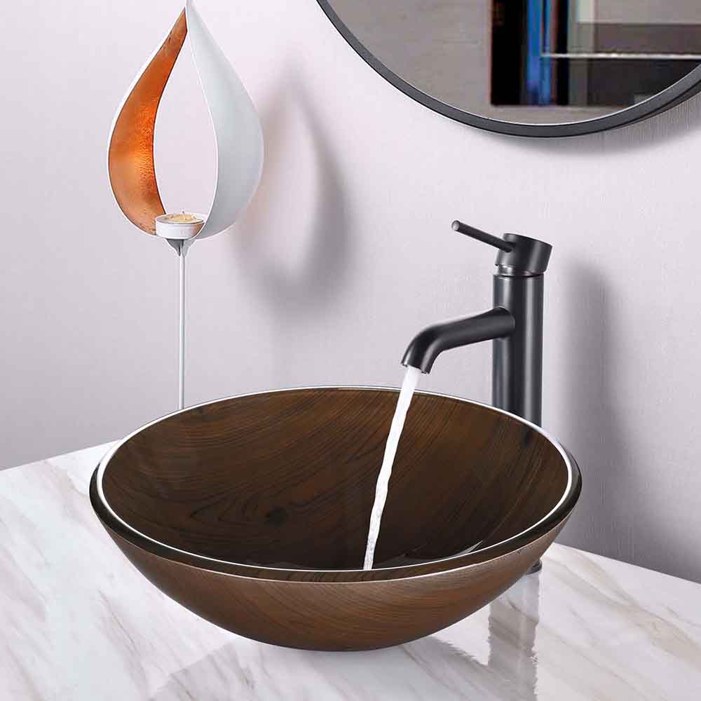 Yescom Round Glass Vessel Sink Bathroom Bowl Lavatory Basin Wood Grain Image