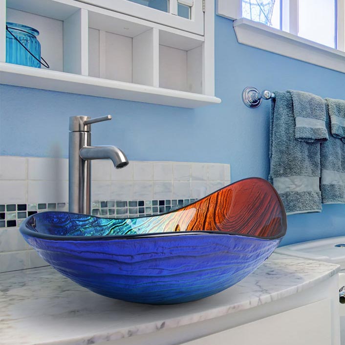 Yescom Teardrop-Shaped Tempered Glass Bathroom Vanity Sink 22x14" Image
