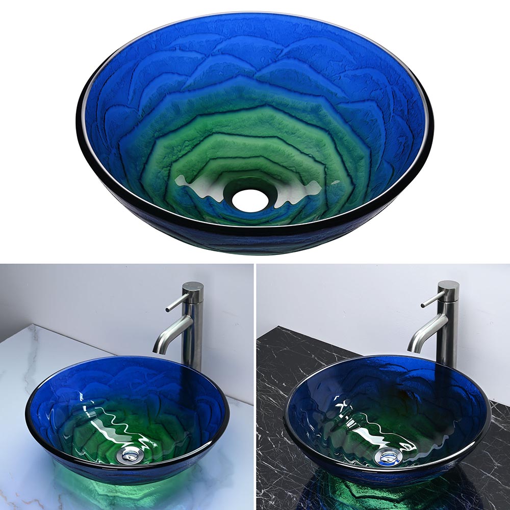 Yescom Round Tempered Glass Bathroom Vanity Sink Blue Green 17" Image