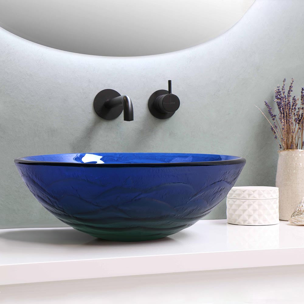 Yescom Round Tempered Glass Bathroom Vanity Sink Blue Green 17" Image