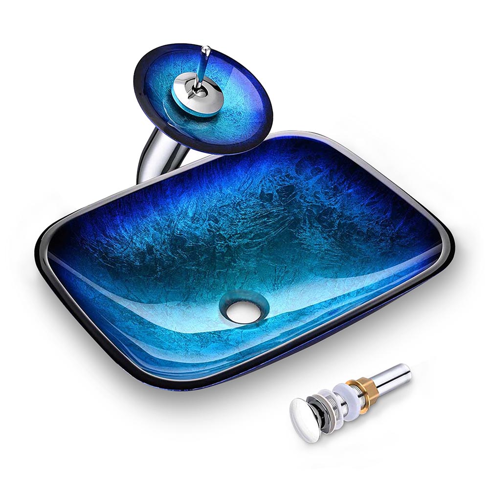 Yescom Rectangular Glass Sink Basin & Waterfall Faucet Kit Image