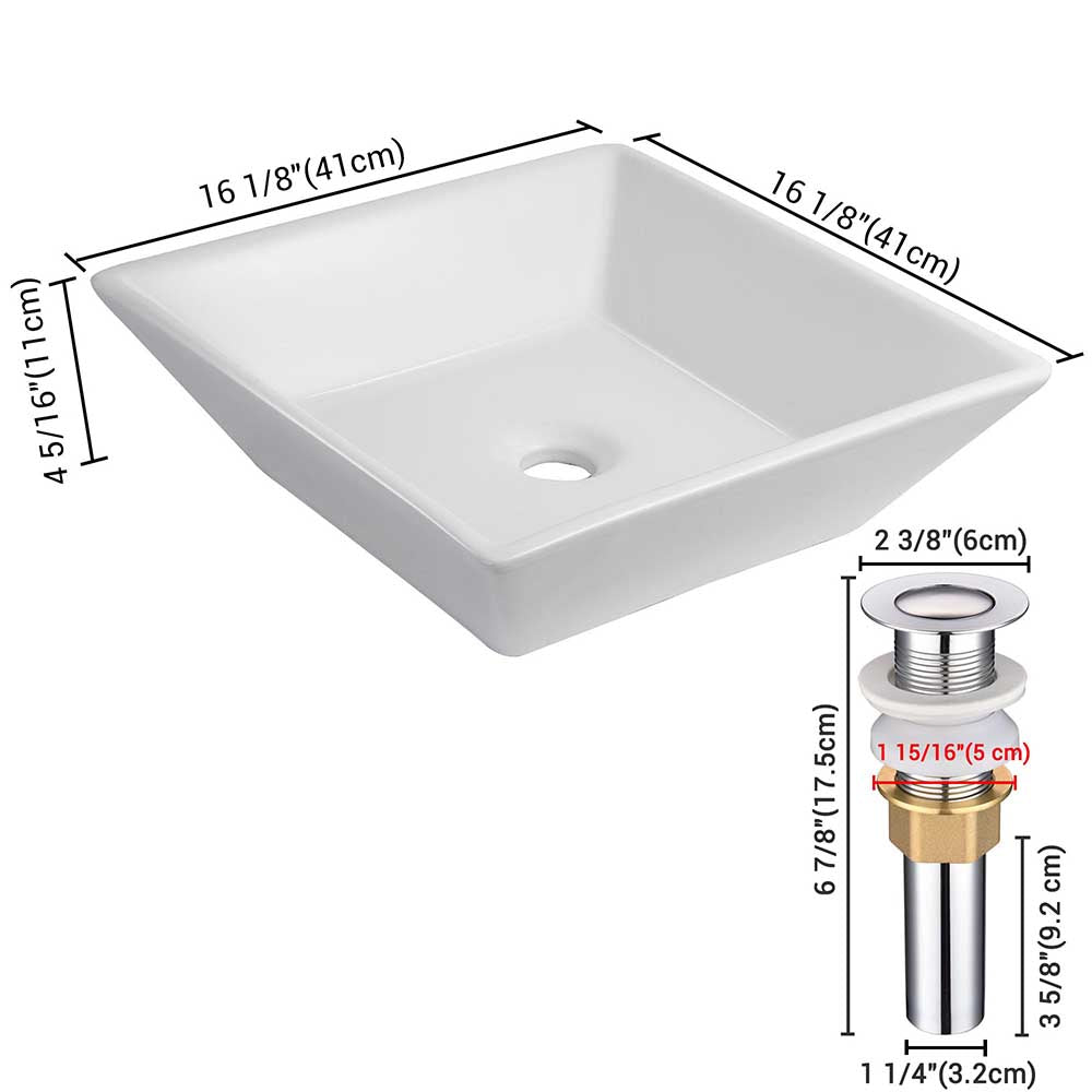 Aquaterior 16" Square Porcelain Bathroom Sink Vanity Vessel w/ Drain