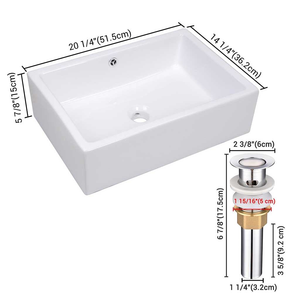 Yescom 20" Rectangle Porcelain Bathroom Sink Overflow w/ Drain Image