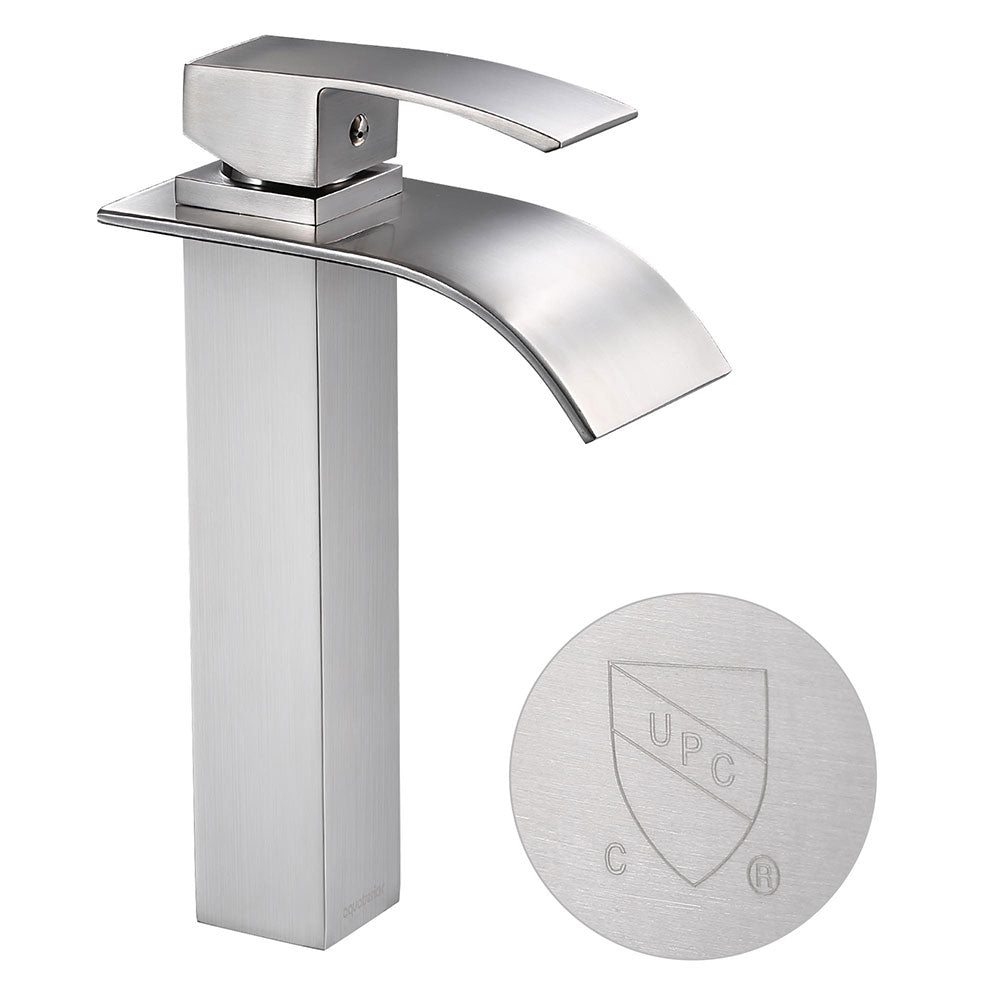 Yescom Waterfall Vessel Faucet Square 1-Handle Cold & Hot 10"H, Brushed Nickel Image
