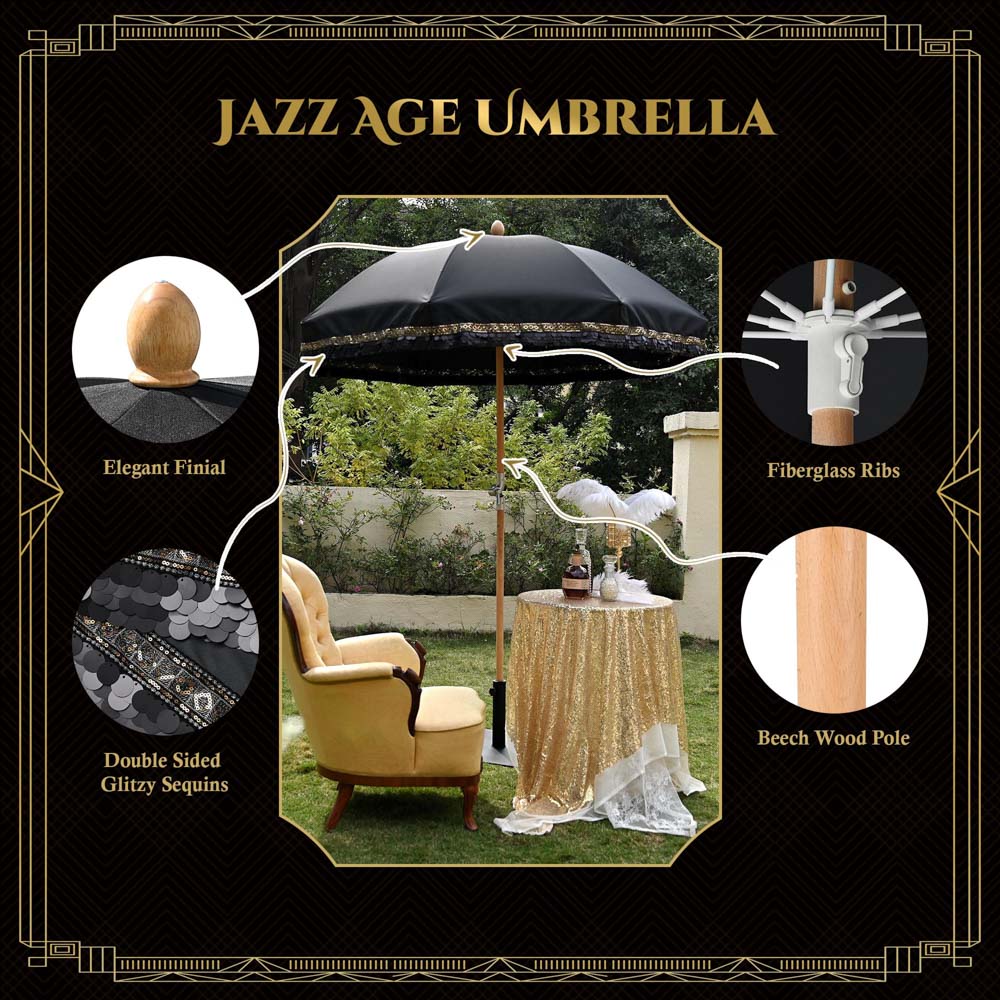 Yescom Jazz Age Fringe Umbrella Tilt Market Umbrella Black Glitter JZ6-06 Image
